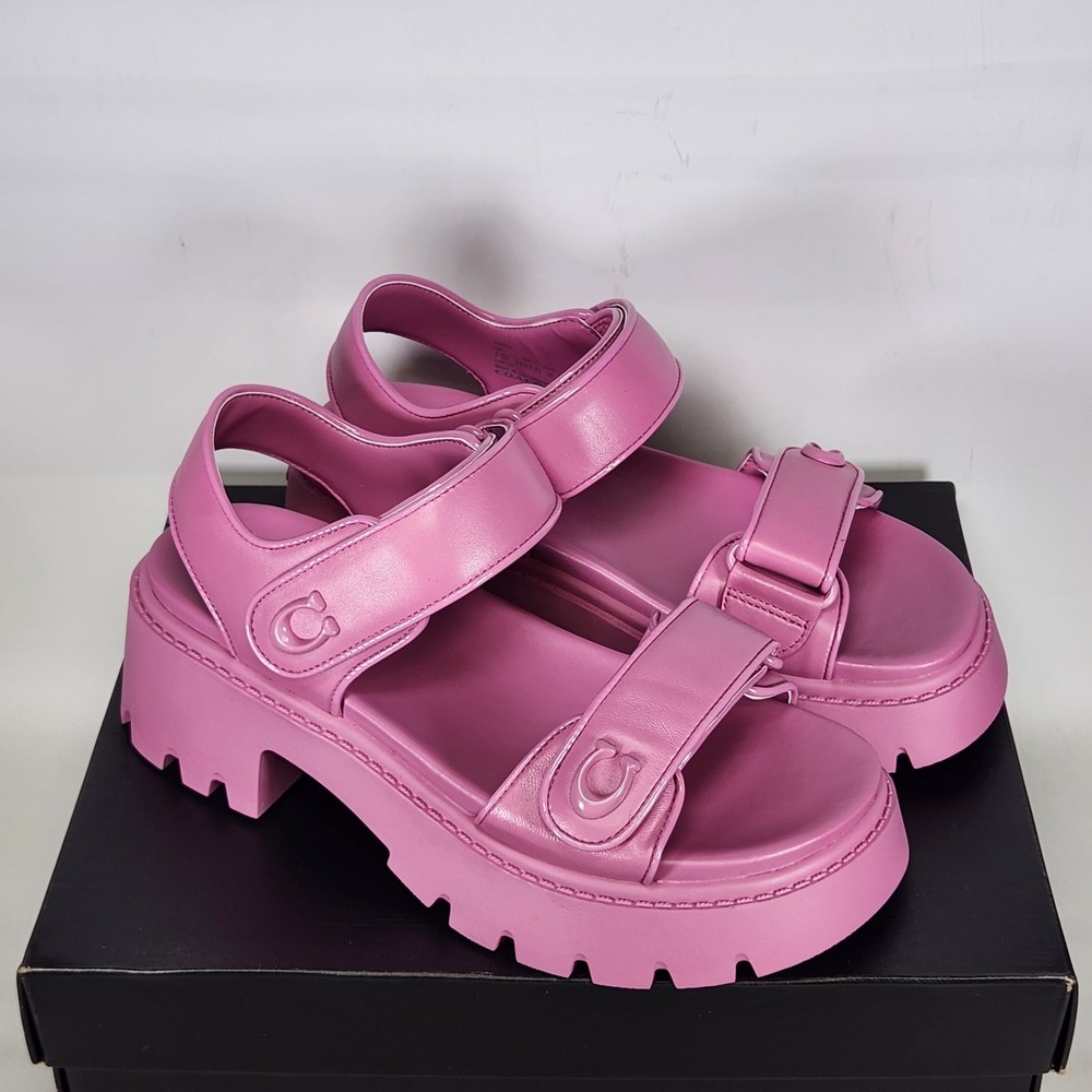 Coach Brynn Platform Sandals Women Size 8.5 Fuchsia Leather Lug Sole - Picture 2 of 8